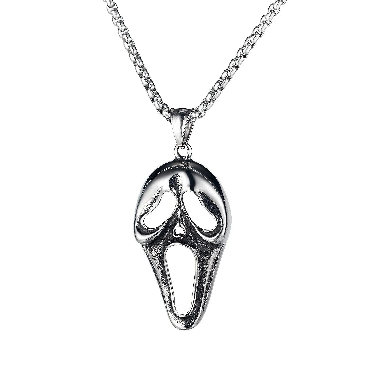 Men's stainless steel necklace with electroplated silver finish showing multiple pendant design options including skull, dagger and screw motifs