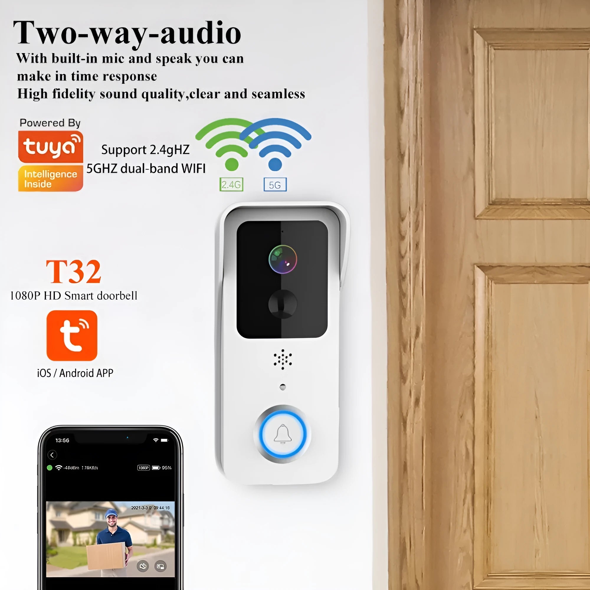 Black and white waterproof smart home visual doorbell with app connectivity for remote security monitoring