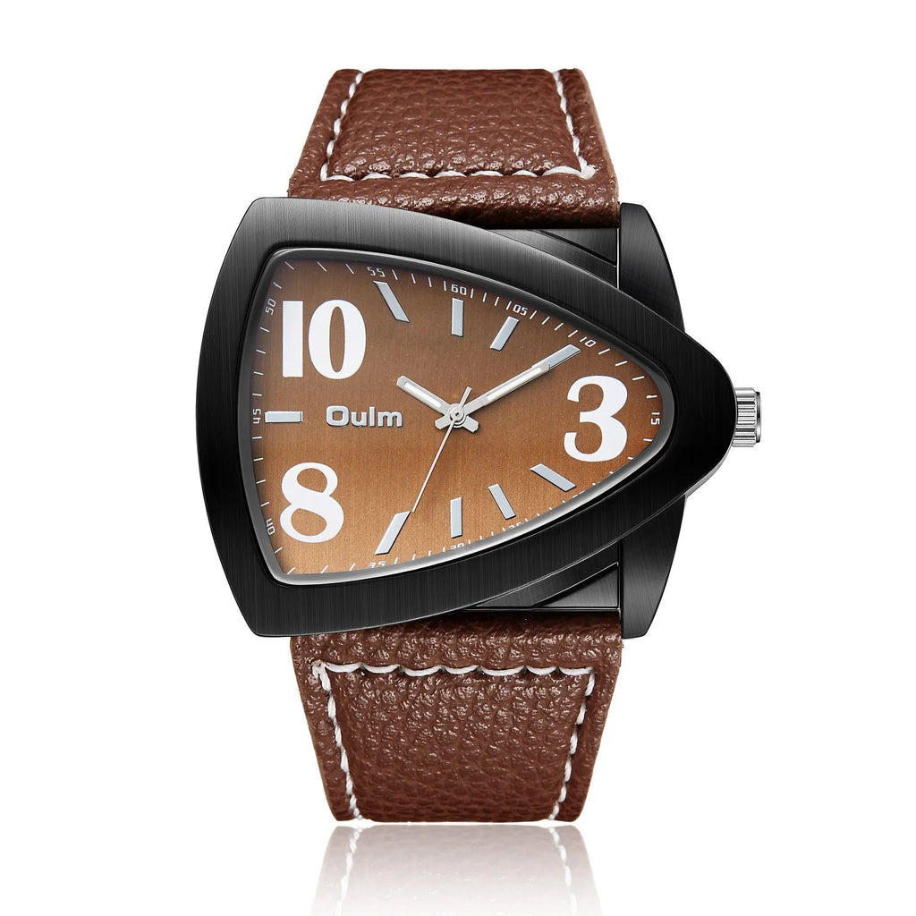 Men's casual triangle belt quartz watch showing brown, black and blue colour options with 9mm thickness