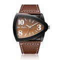 Men's casual triangle belt quartz watch showing brown, black and blue colour options with 9mm thickness