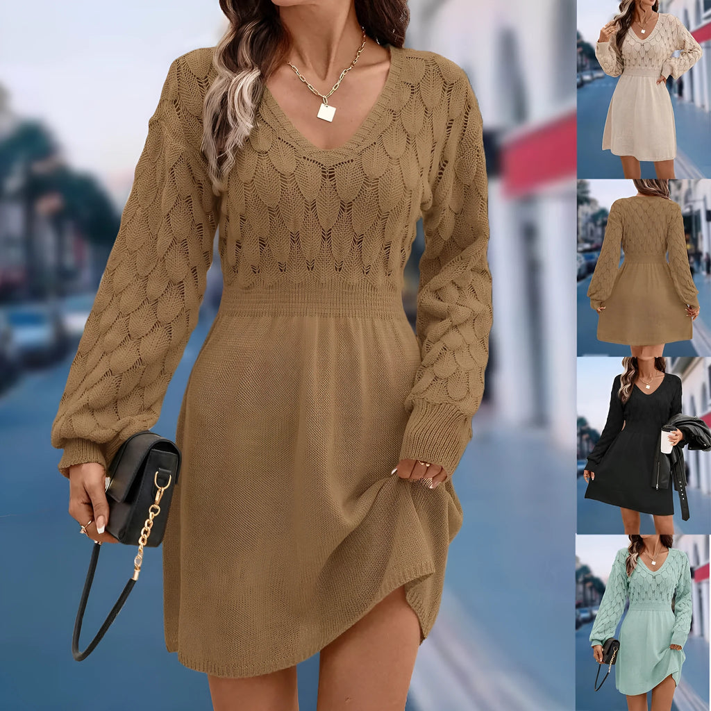 Women's acrylic V-neck beach dress with high waist and long sleeves in artistic retro ethnic style
