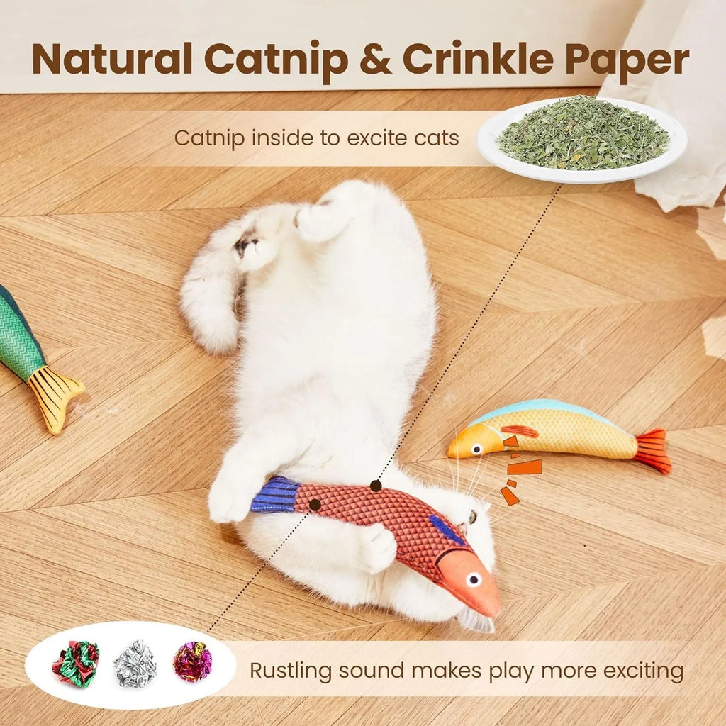 Green fish-shaped cat toy with organic catnip filling for indoor exercise