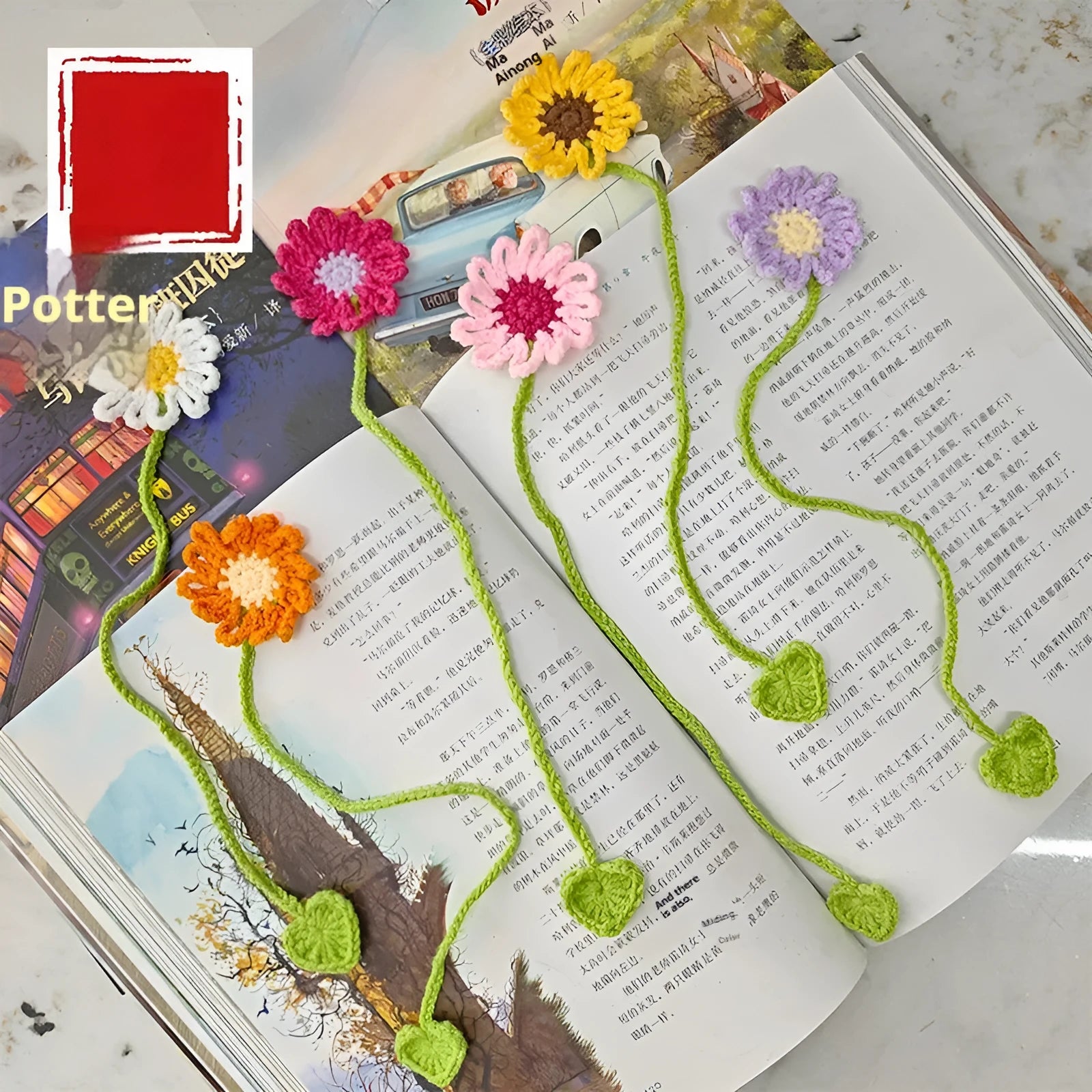 Hand-crocheted wool daisy bookmark with flexible wire core in multiple colour options