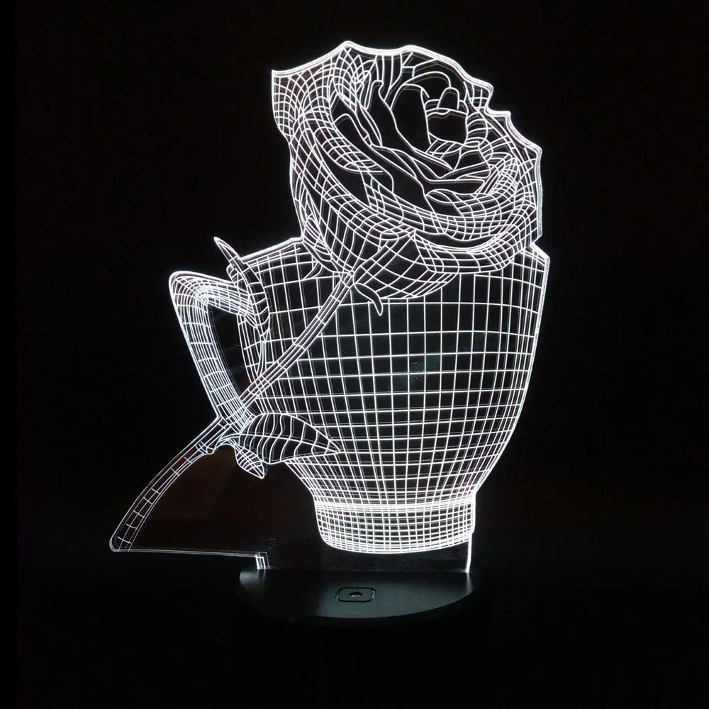 3D rose flower night light with acrylic panel and remote control showing multiple colour options