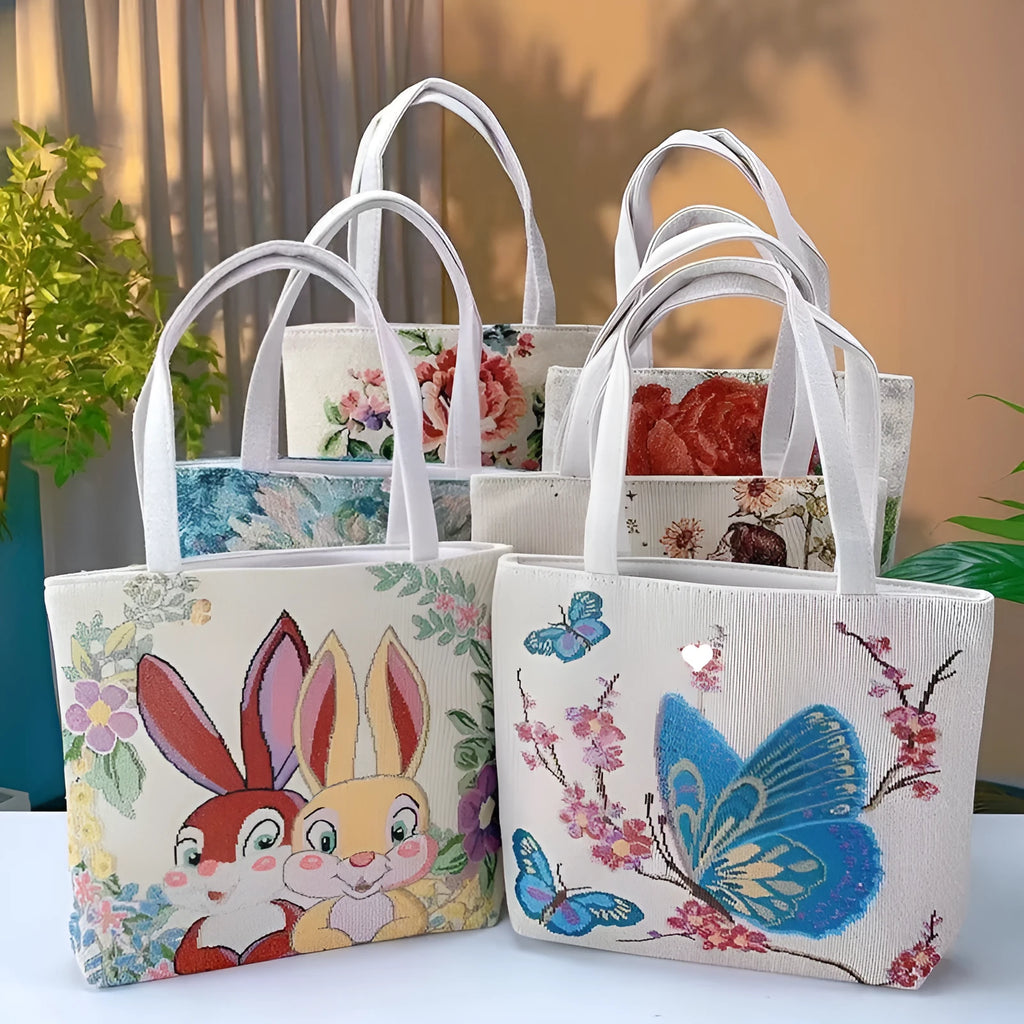 Handheld canvas bag with gold wire embroidery, shown in one of seven colour designs.