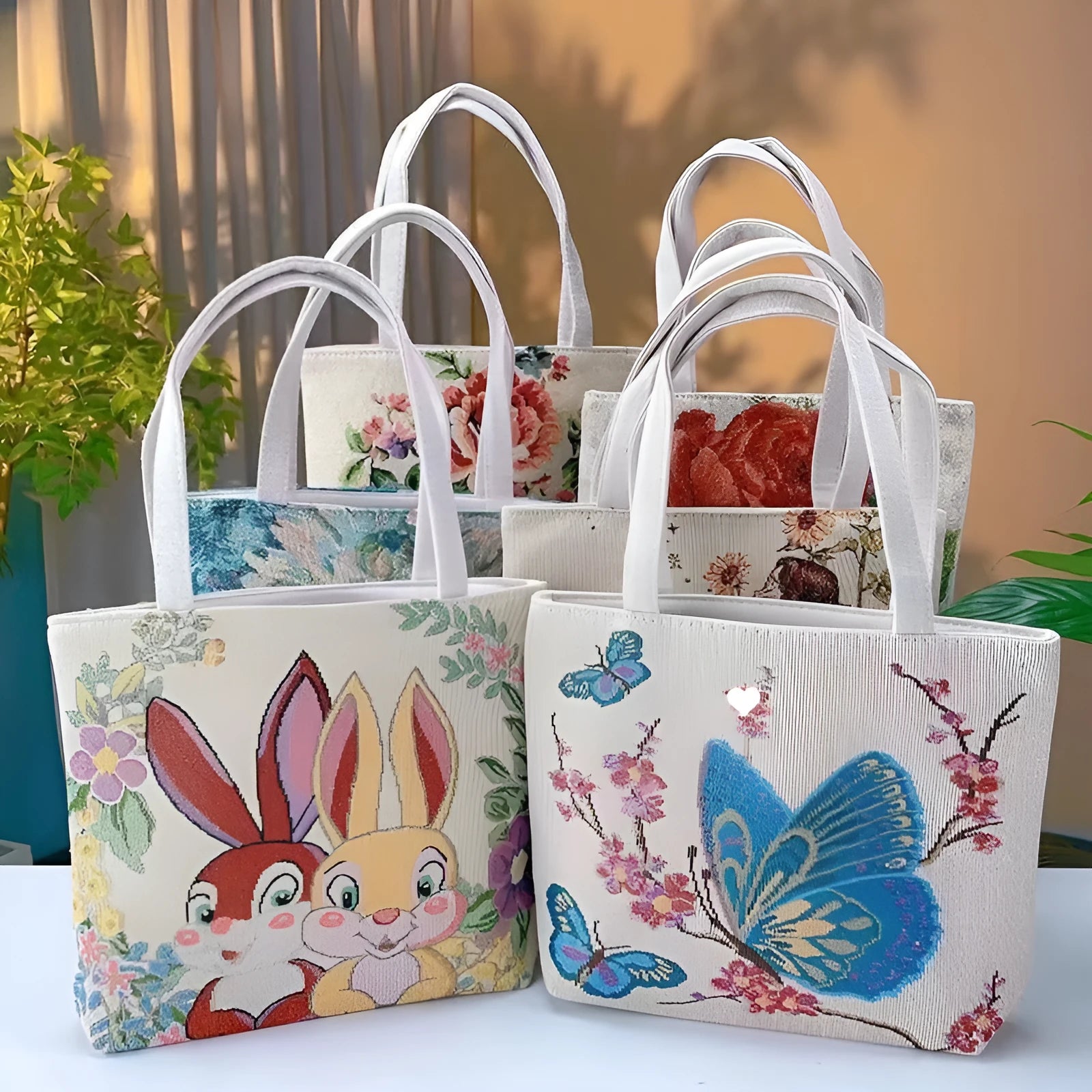 Handheld canvas bag with gold wire embroidery, shown in one of seven colour designs.