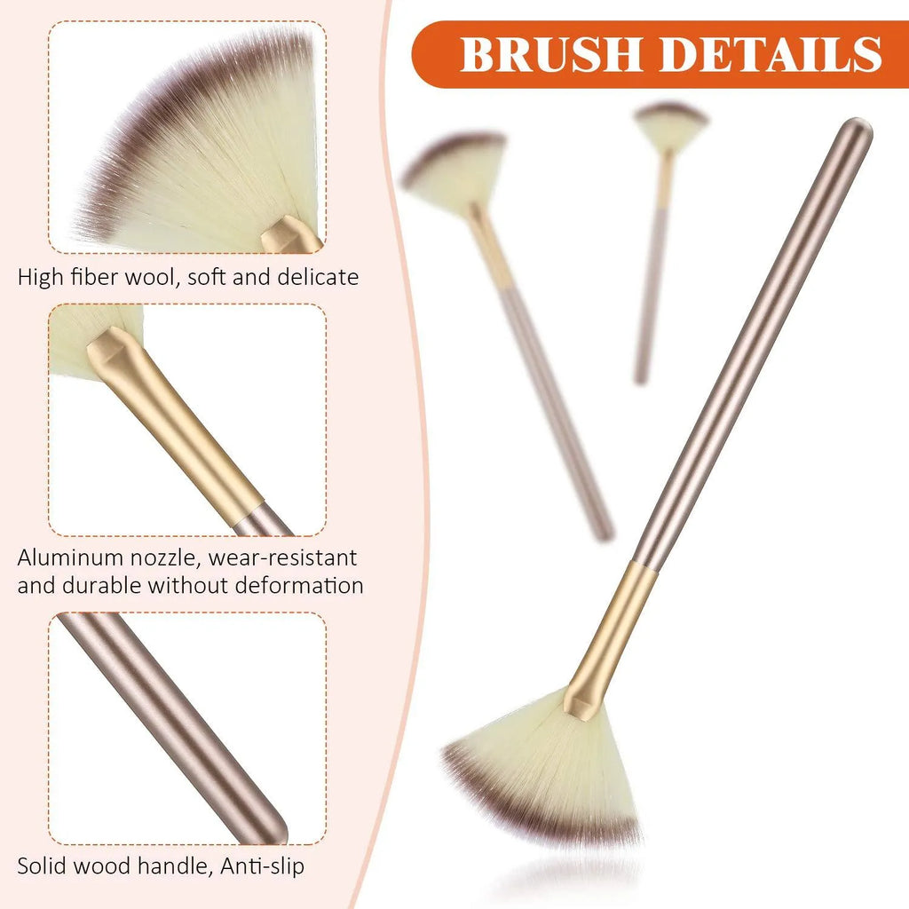 10 professional facial fan makeup brushes with champagne finish and acrylic handles, shown with brush covers.