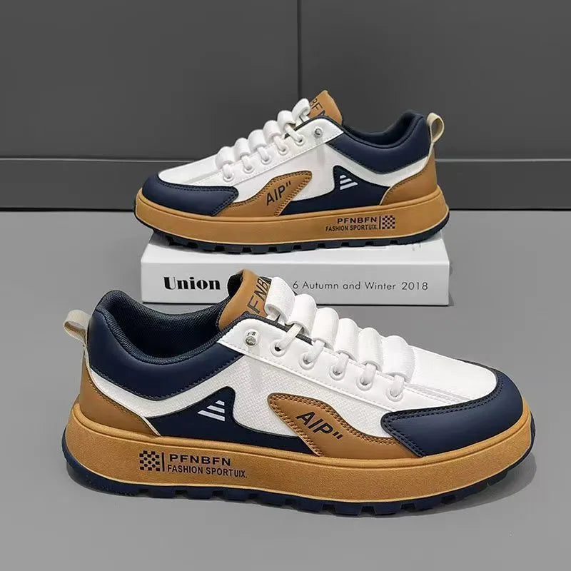 Men's casual shoes with round toe and artificial PU upper in white with black, white with brown, and white with orange colour options