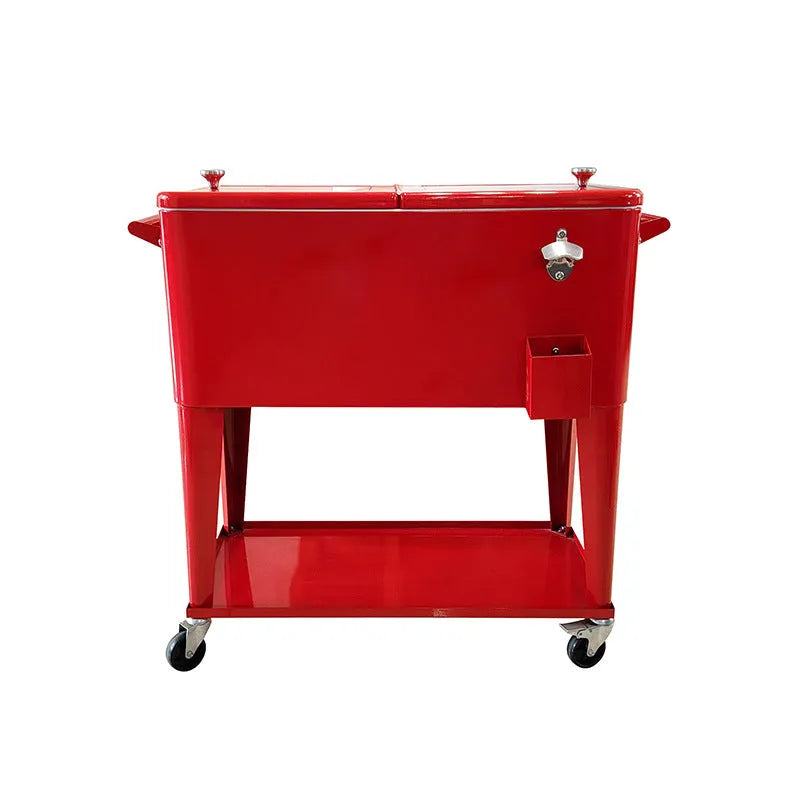 Red iron insulated trolley cooler with wheels for outdoor events and picnics