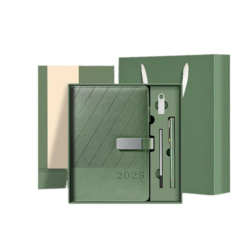 Thick business notepad with striped PU leather cover showing colour options and open pages