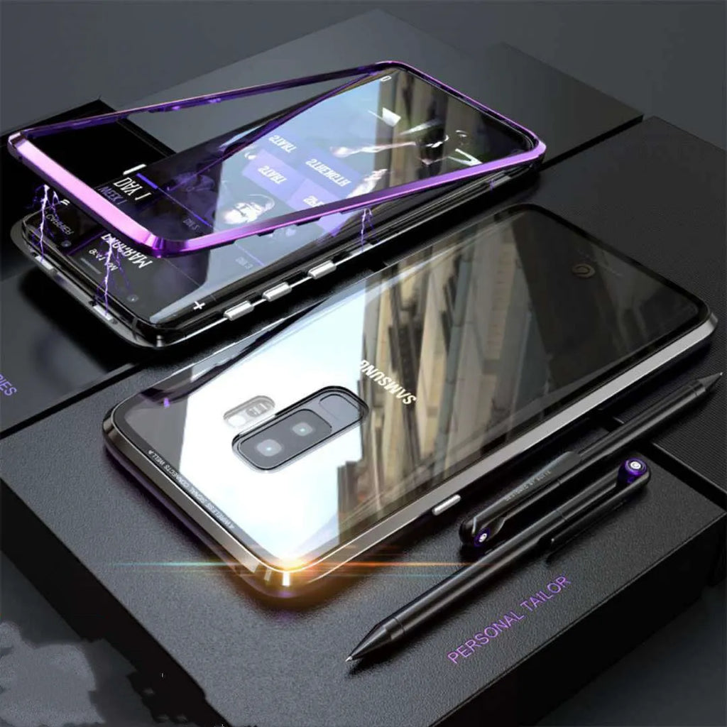 Black anti-peeping magnetic clamshell phone case for Samsung Galaxy smartphones showing closed position