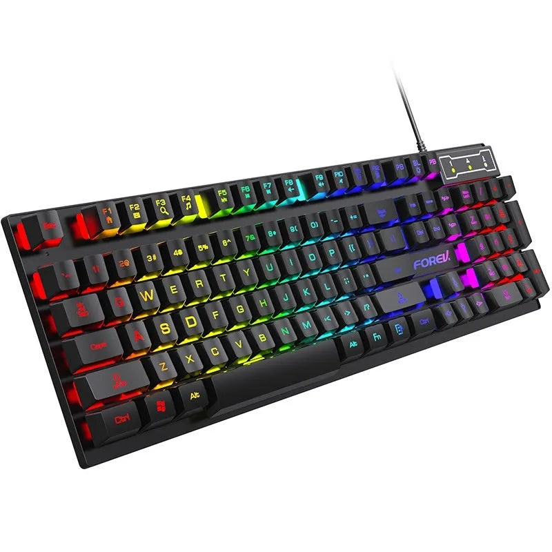 Black 104-key backlight gaming keyboard with mouse on desk showing compact design