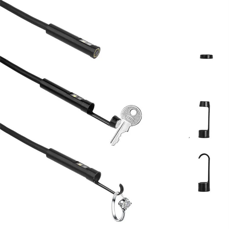 Wireless dual lens endoscope with 5.5mm and 8mm probe options showing hook and magnet accessories