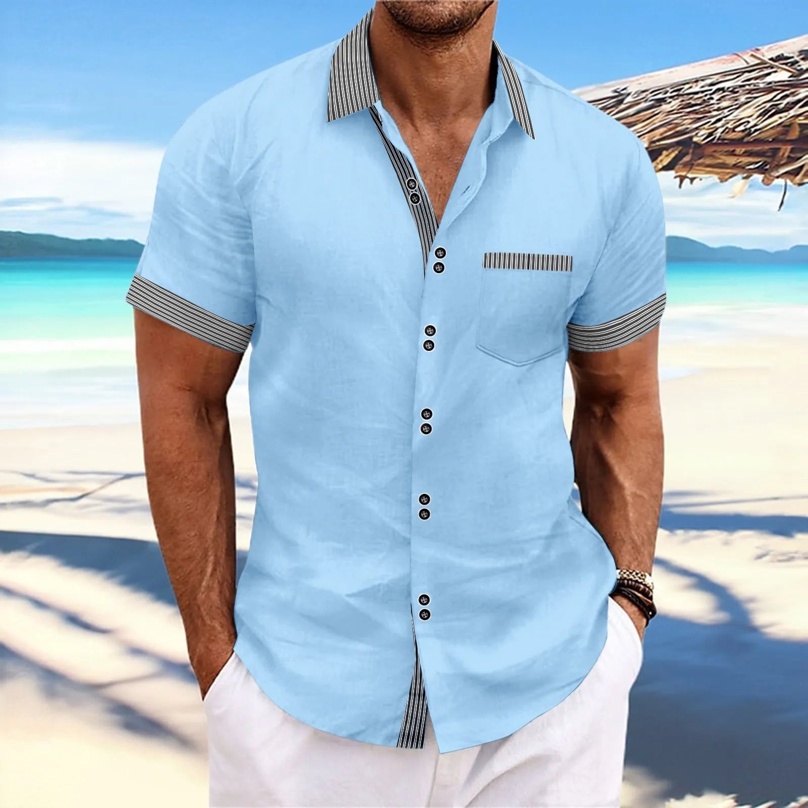 Men's pure cotton slim fit striped short sleeve casual shirt with double button design