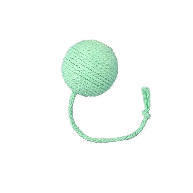 Colourful cat toy ball with rope handle and built-in bell for interactive play
