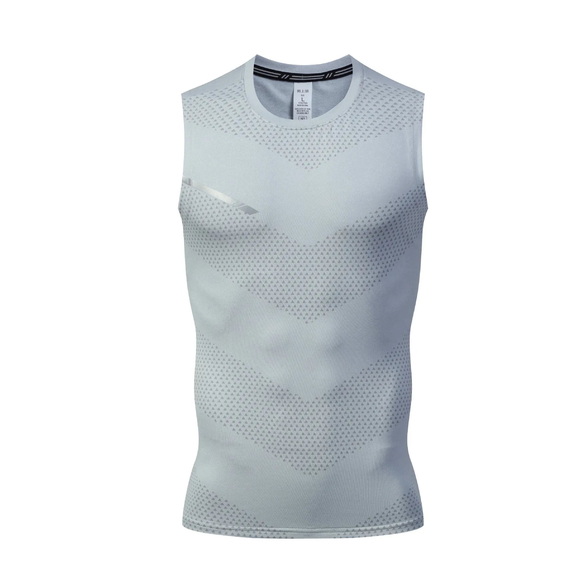 Man wearing a grey quick-drying polyester sports tank top for summer outdoor activities.
