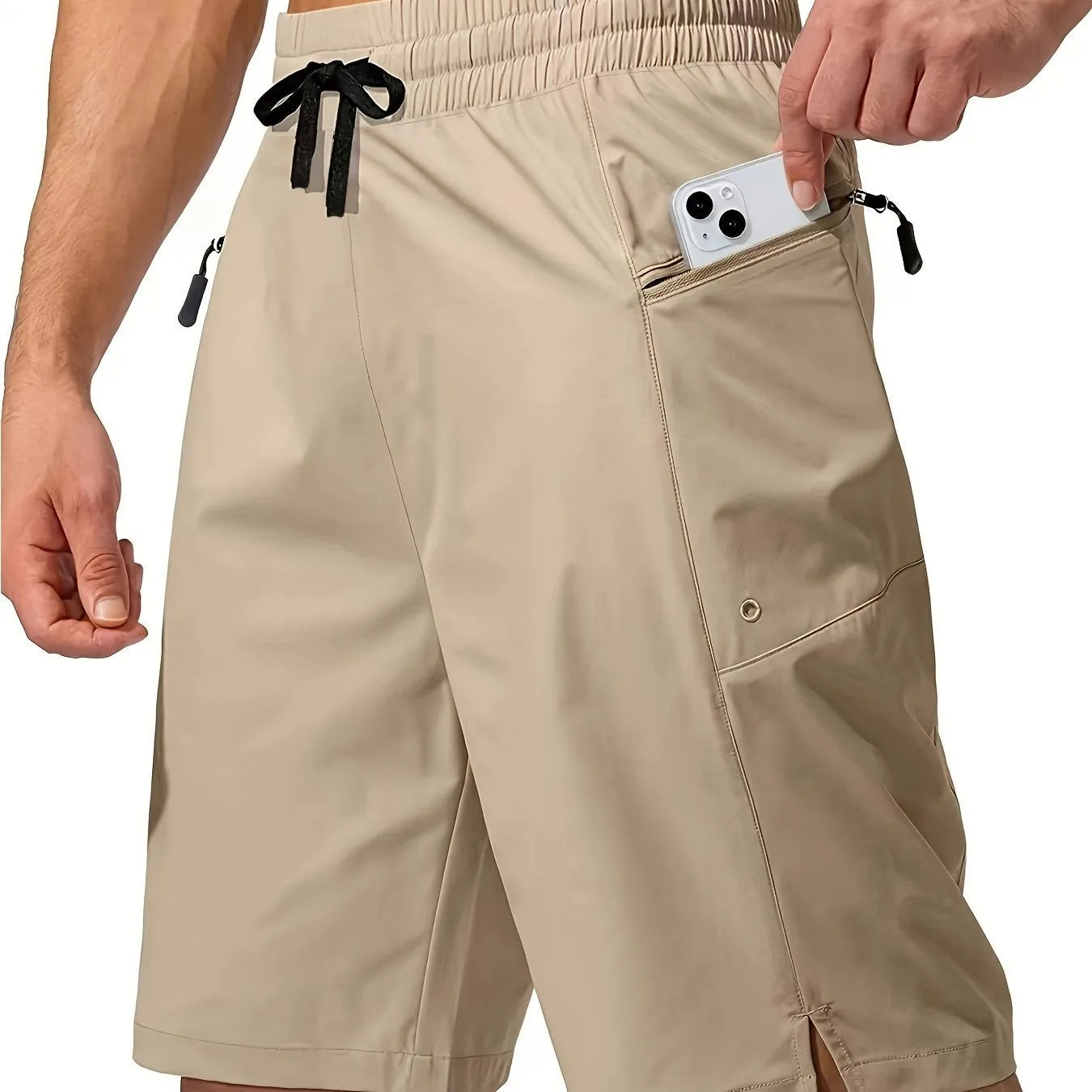 Men's solid colour quick-drying beach shorts in straight leg cut on size chart