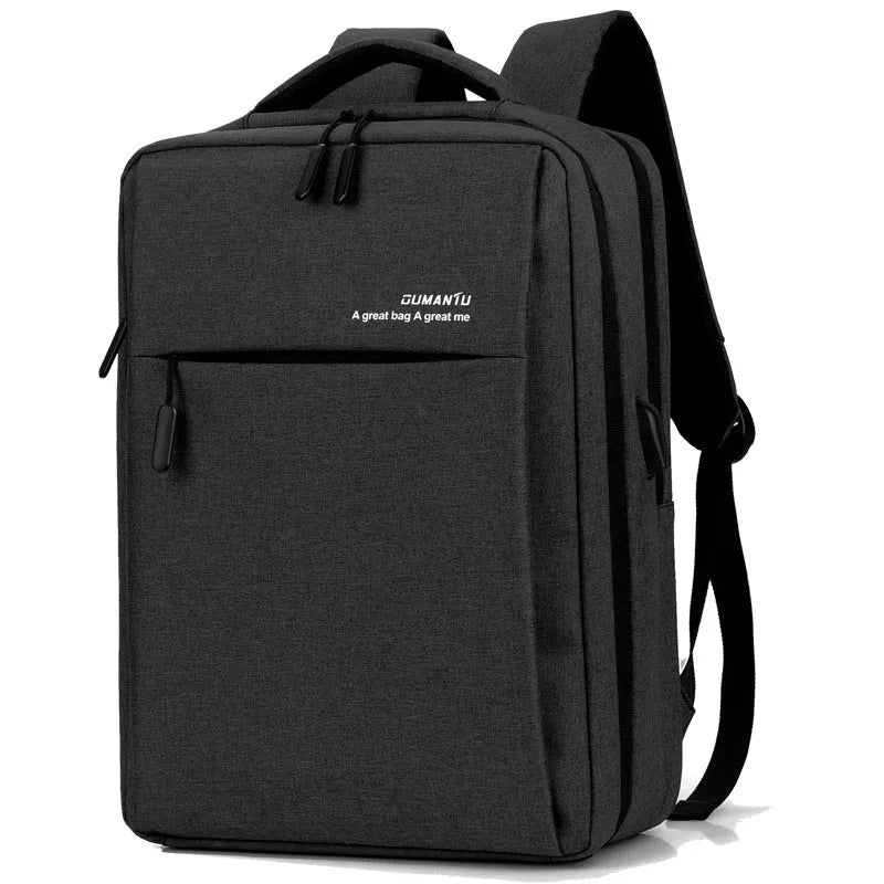 Black waterproof rechargeable backpack for a laptop, showing shoulder straps and a USB charging port.