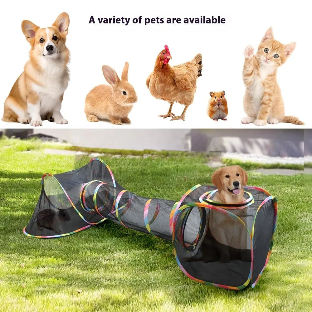 Foldable mesh cat tunnel toy shown in a square shape configuration