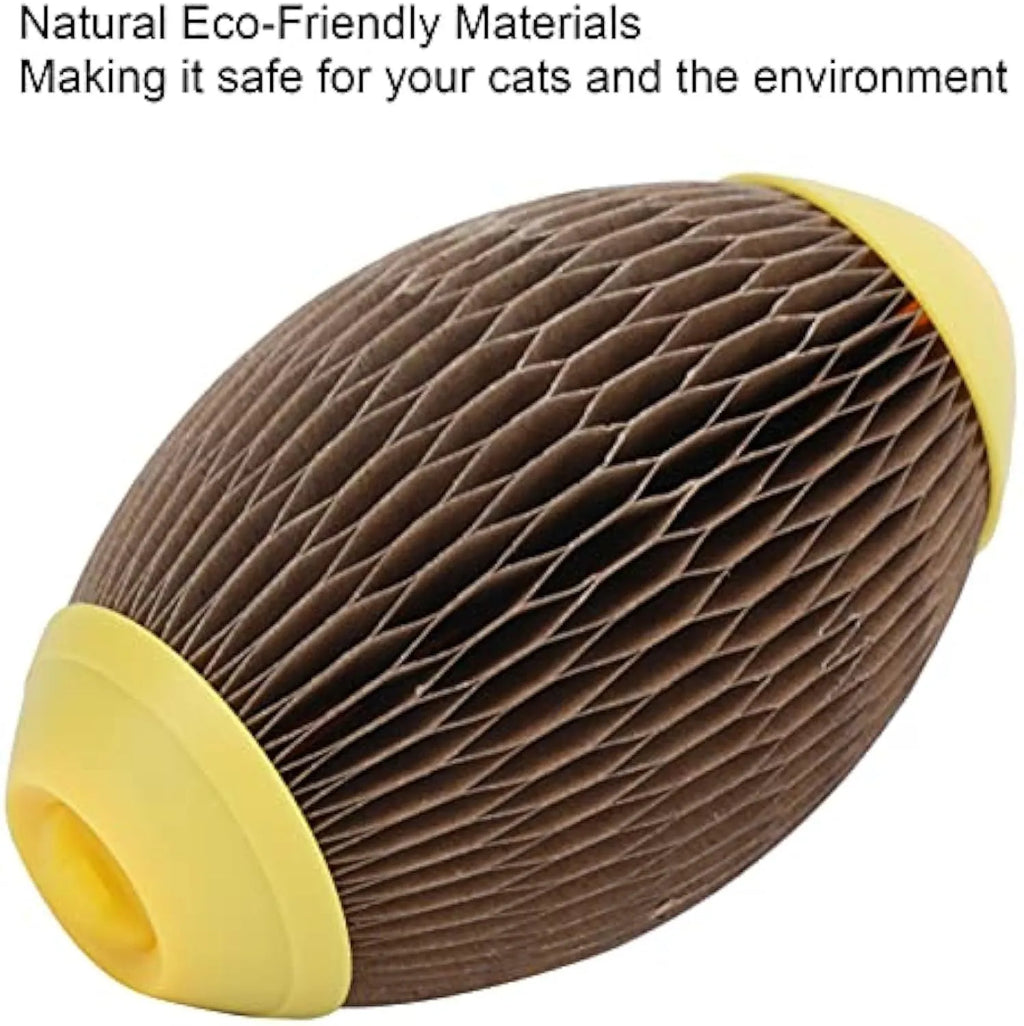 Elliptical catnip ball toy made from recycled corrugated paper with scratch football design