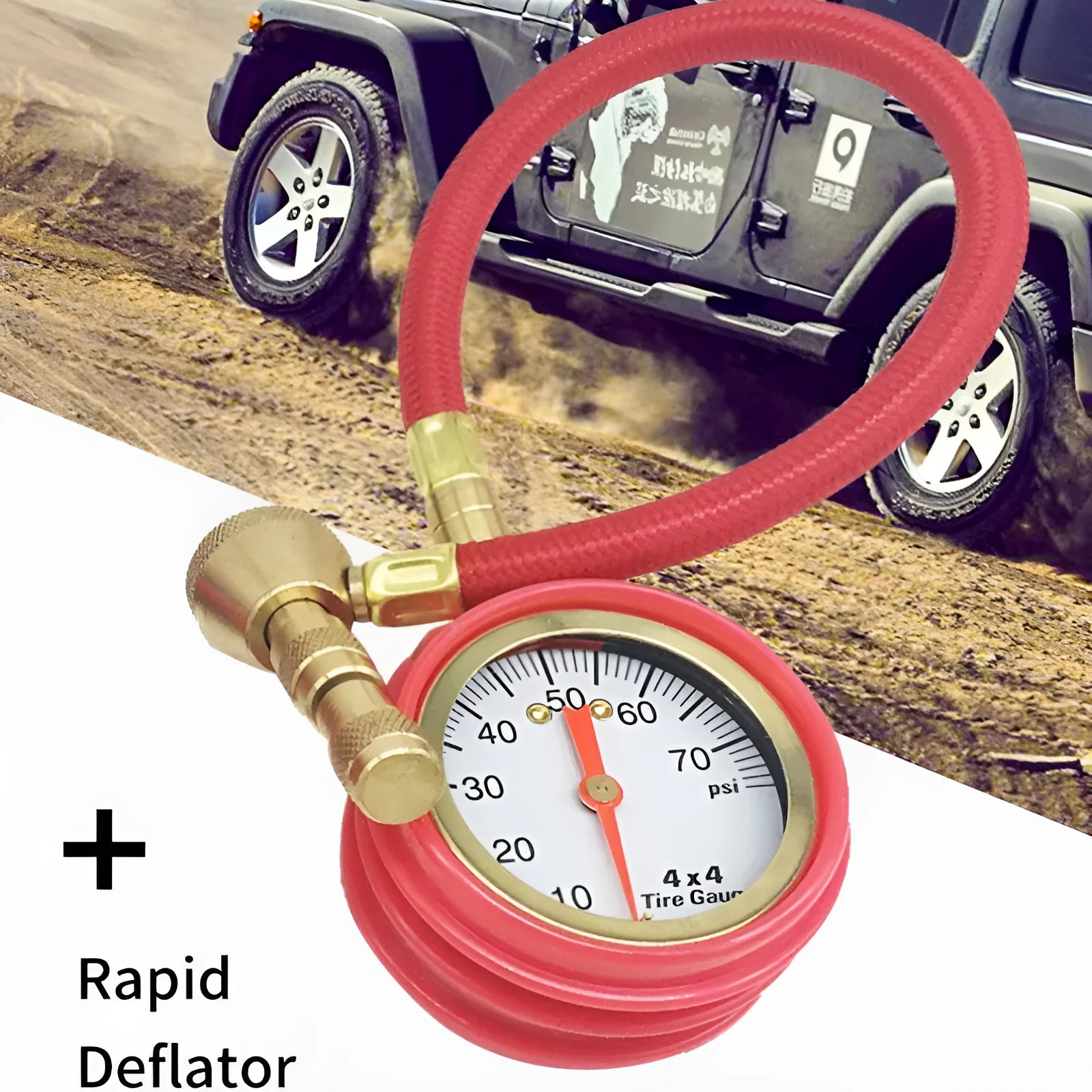 Red and black mechanical tyre pressure gauge with analogue dial and deflation button for cars and SUVs.