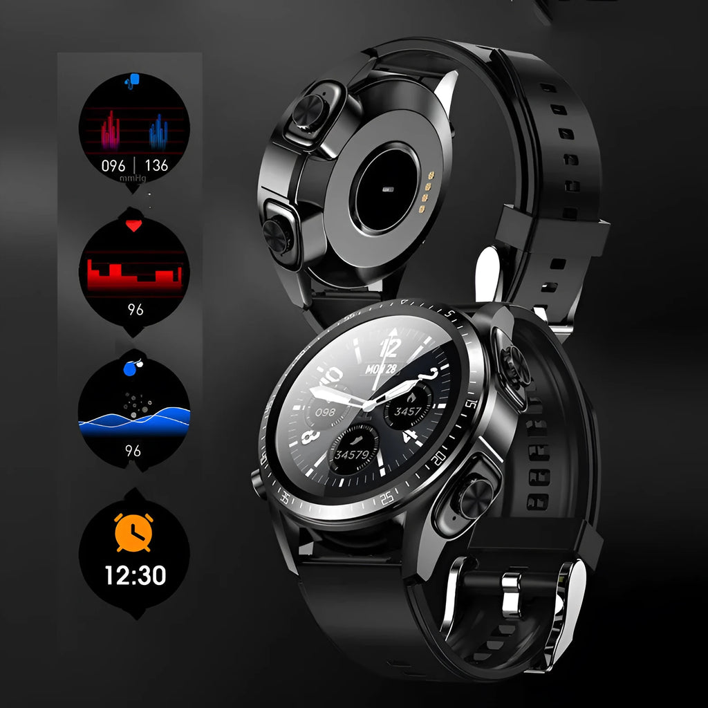 Black smart watch with blood pressure monitoring on a silicone strap, showing its 1.28-inch touchscreen display.