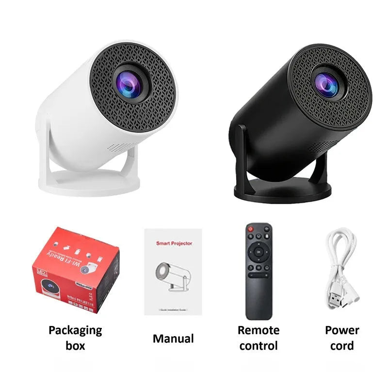 Black portable mini projector with remote control and power cord for home and camping use