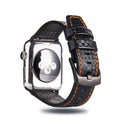 Carbon fibre leather Apple Watch strap showing red, black, orange, and blue line colour options