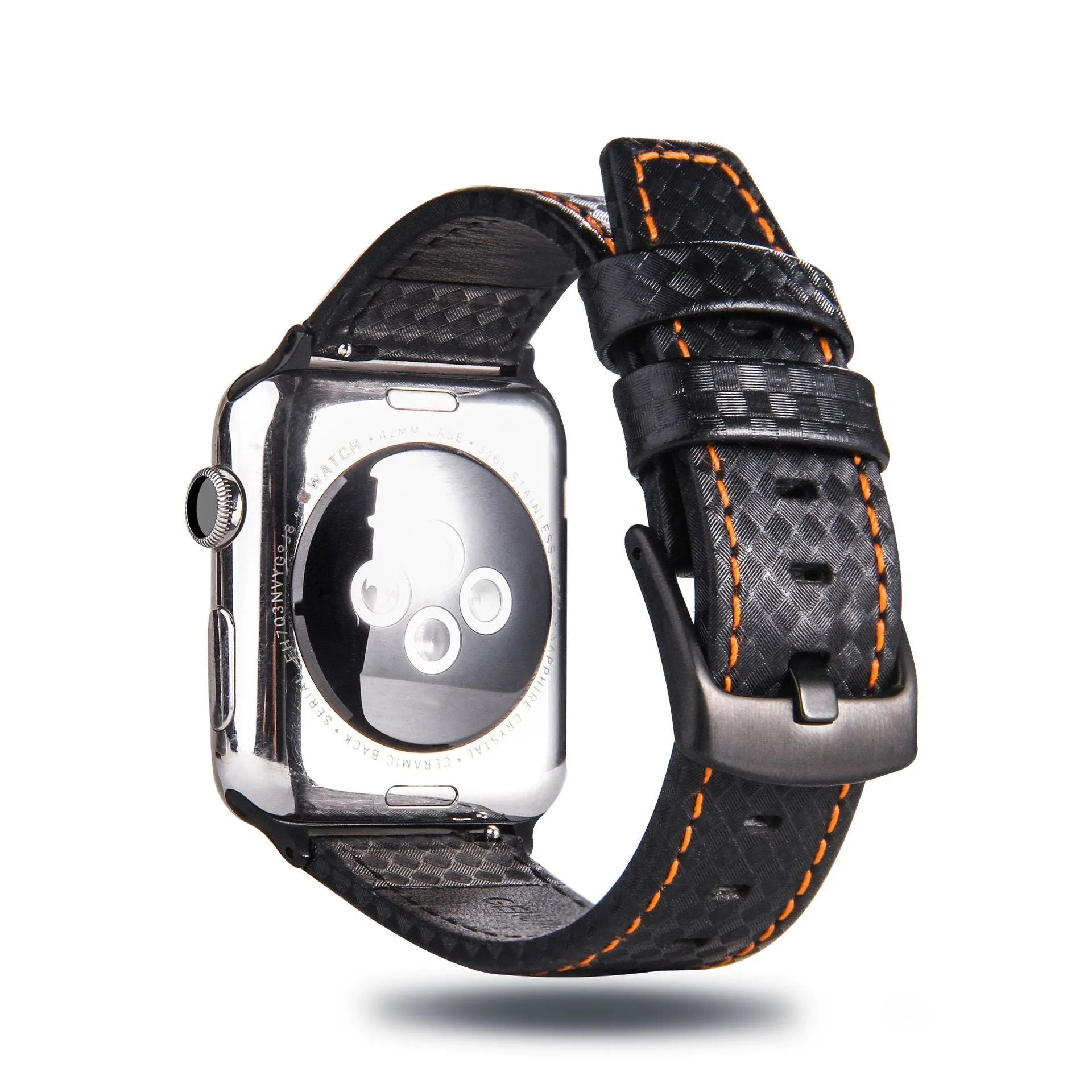 Carbon fibre leather Apple Watch strap showing red, black, orange, and blue line colour options