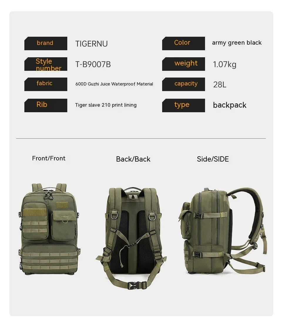 17-inch army green tactical backpack with waterproof nylon construction and 20-35L capacity