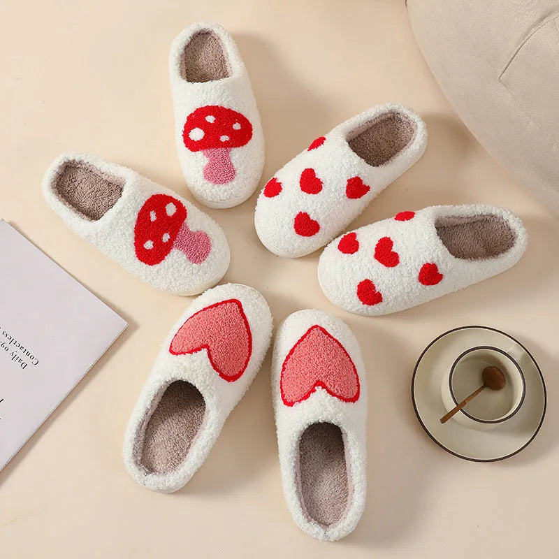Plush cartoon love style slippers with round toe design and PVC sole