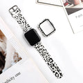 Printed silicone replacement strap for Apple Watch showing design options and 38mm 40mm 42mm 44mm size compatibility.