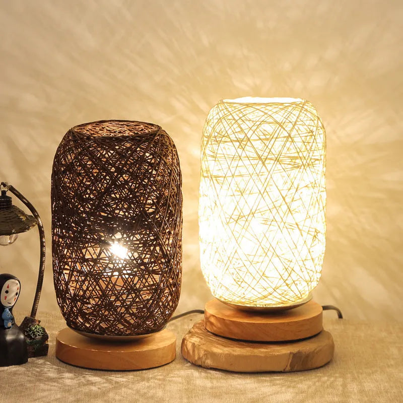 Sepak Takraw ball desk lamp made of brown hemp rope on a wooden base with USB cable