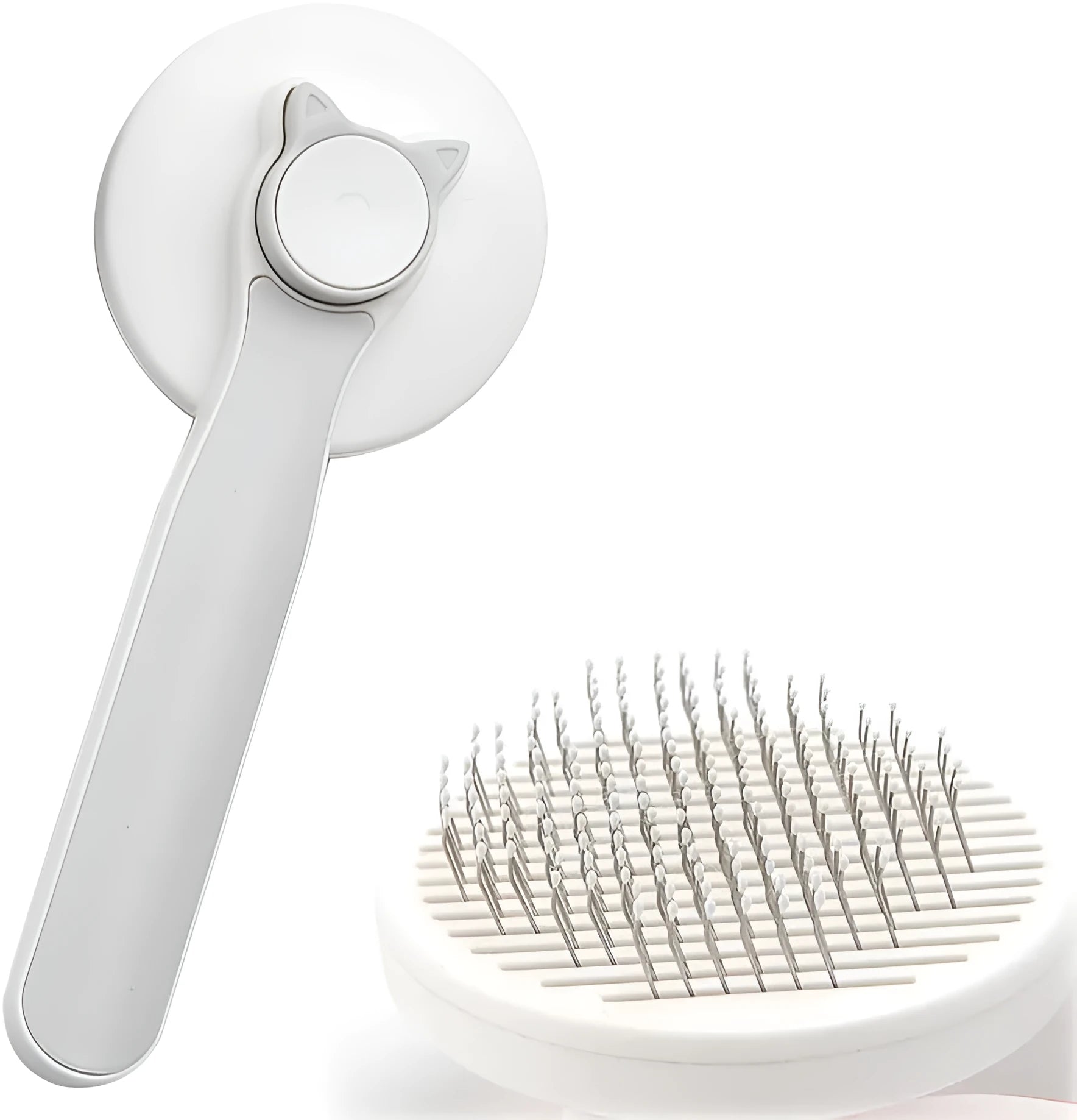 Blue self-cleaning cat brush with rubber handle and metal pins for pet grooming.