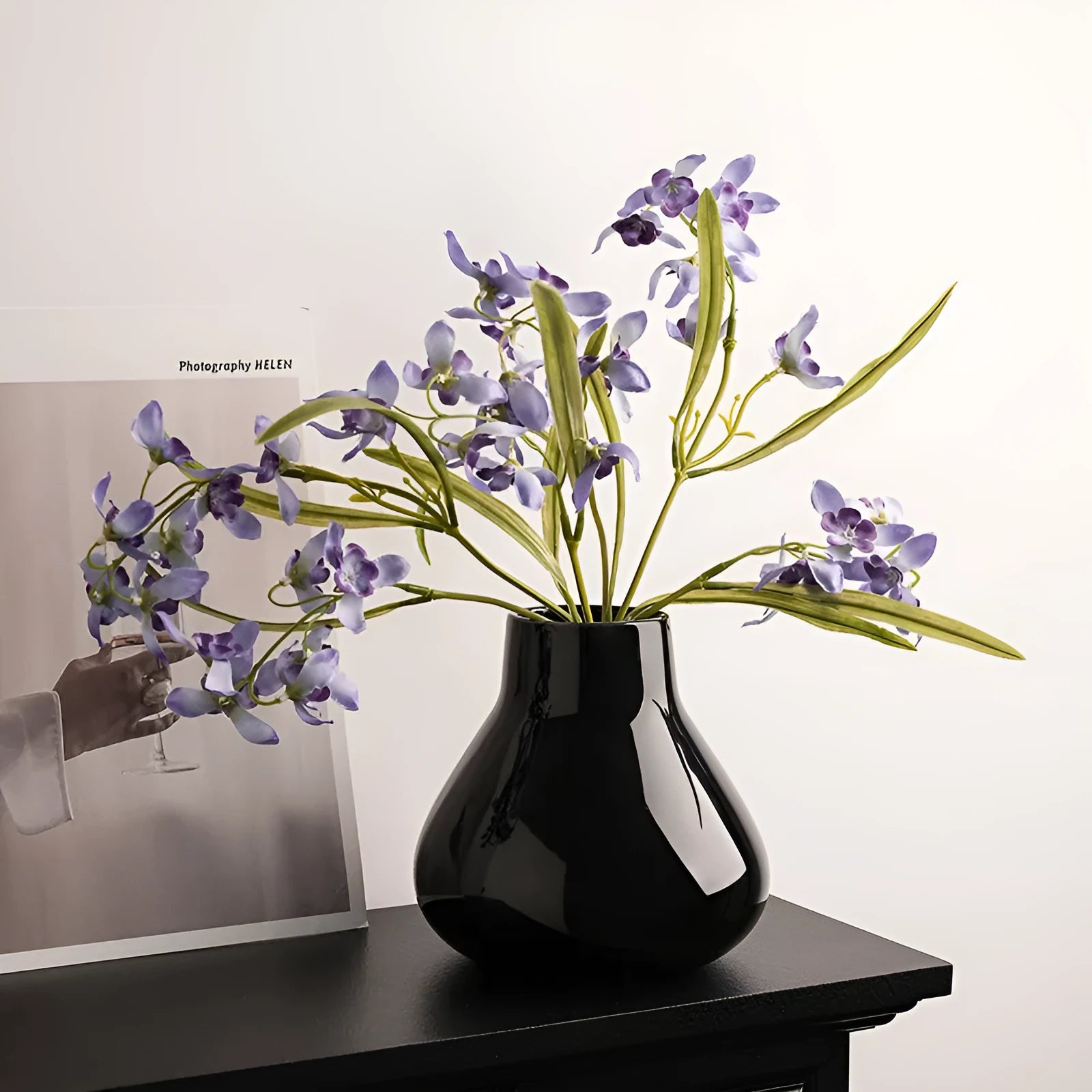 Black and white round belly ceramic decorative vase with optional artificial orchid flowers