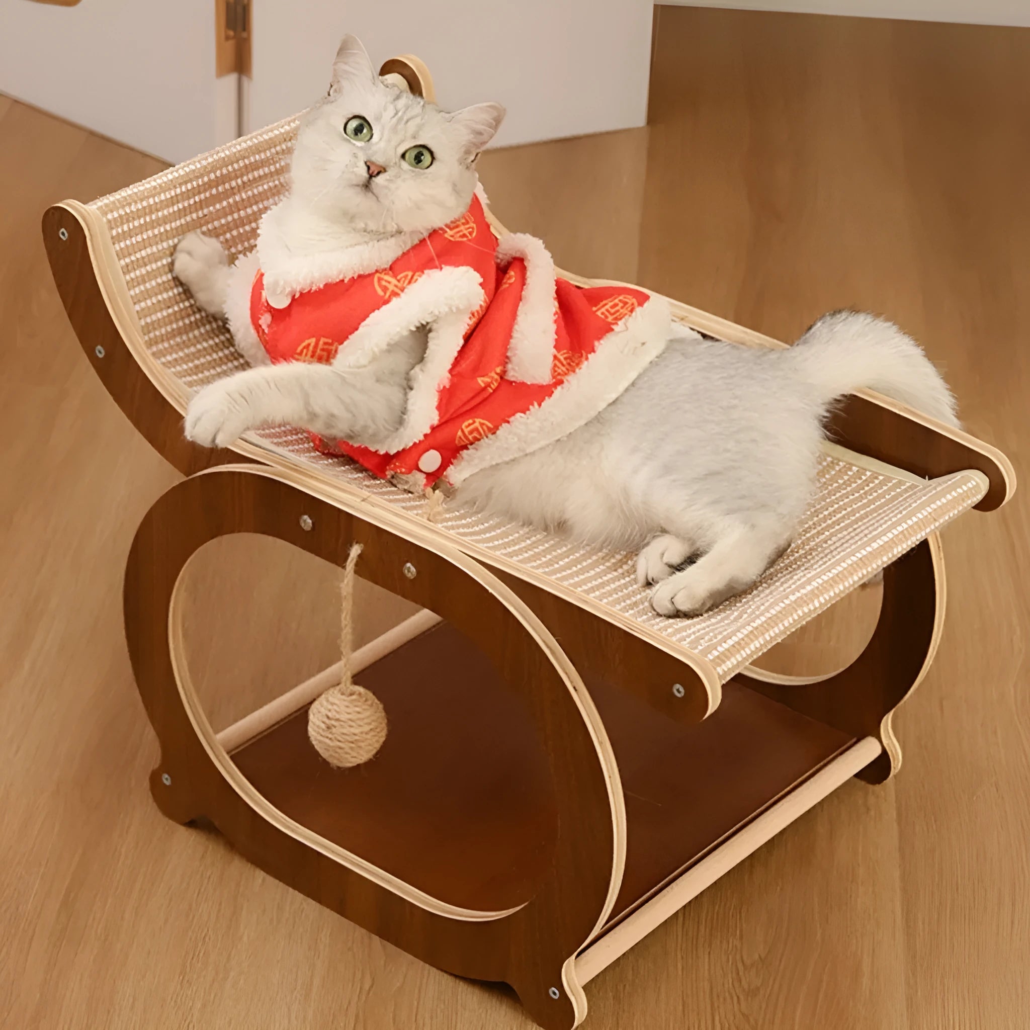Solid wood cat scratching mat with sisal surface and integrated lounging bed in walnut colour finish