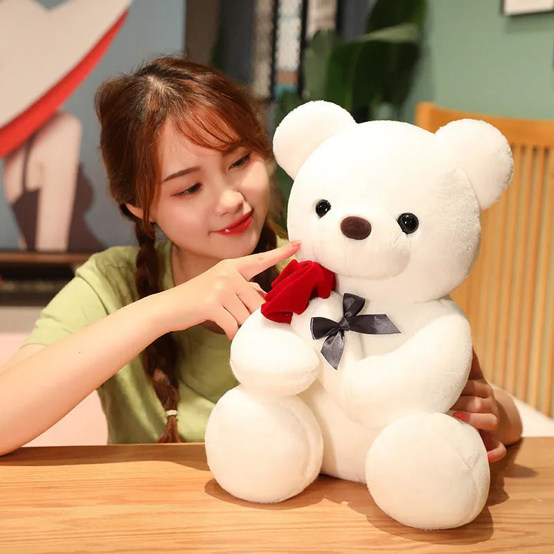 Rose bear plush teddy doll pillow in short plush fabric with PP cotton filling
