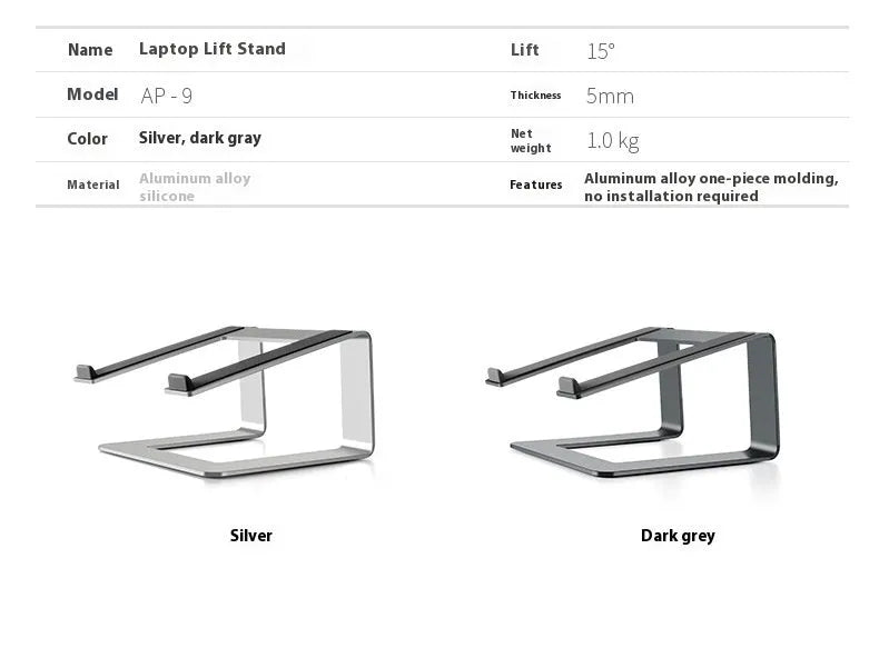 Black aluminium alloy laptop stand on a desk, elevating a silver laptop.