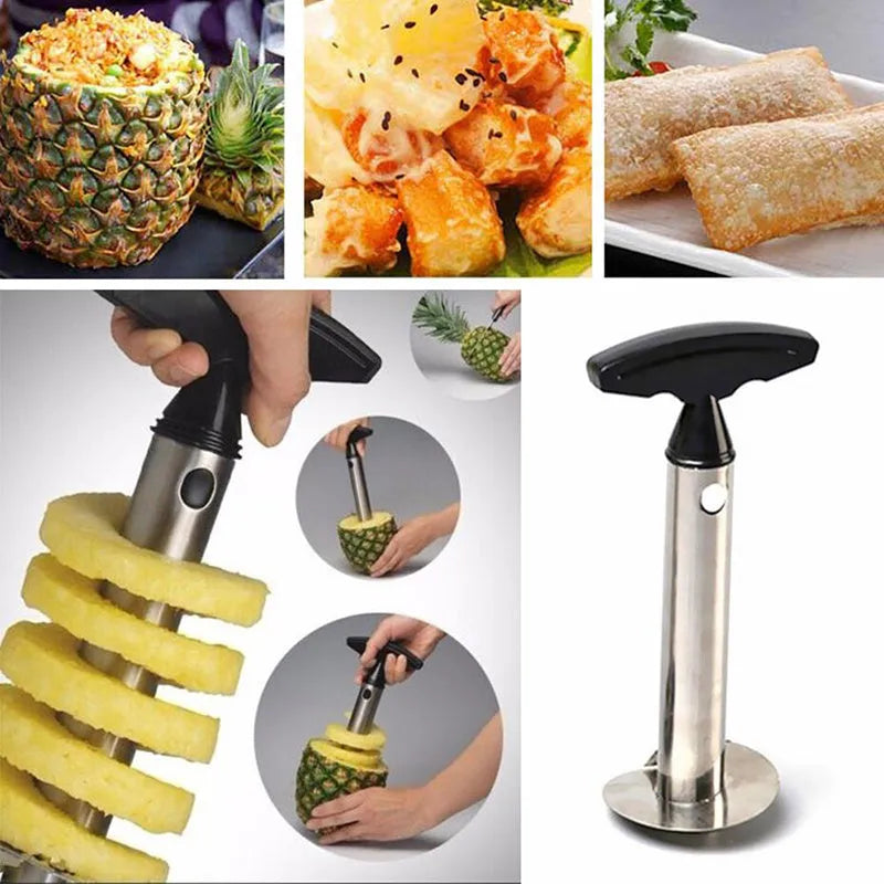 Stainless steel pineapple peeler with black handle and coring blade, 83.7 mm width, shown on white background
