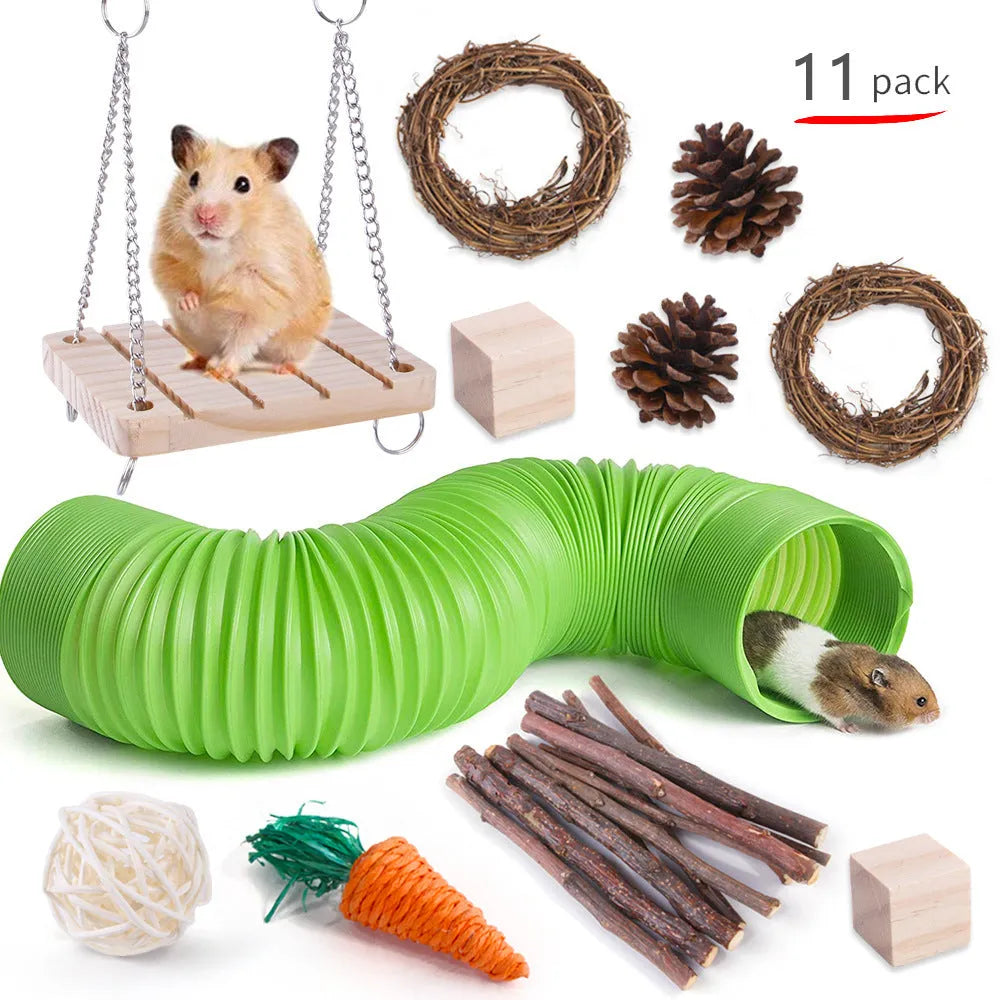 Wooden pet toy set with chewable pieces for rabbits, guinea pigs and parrots