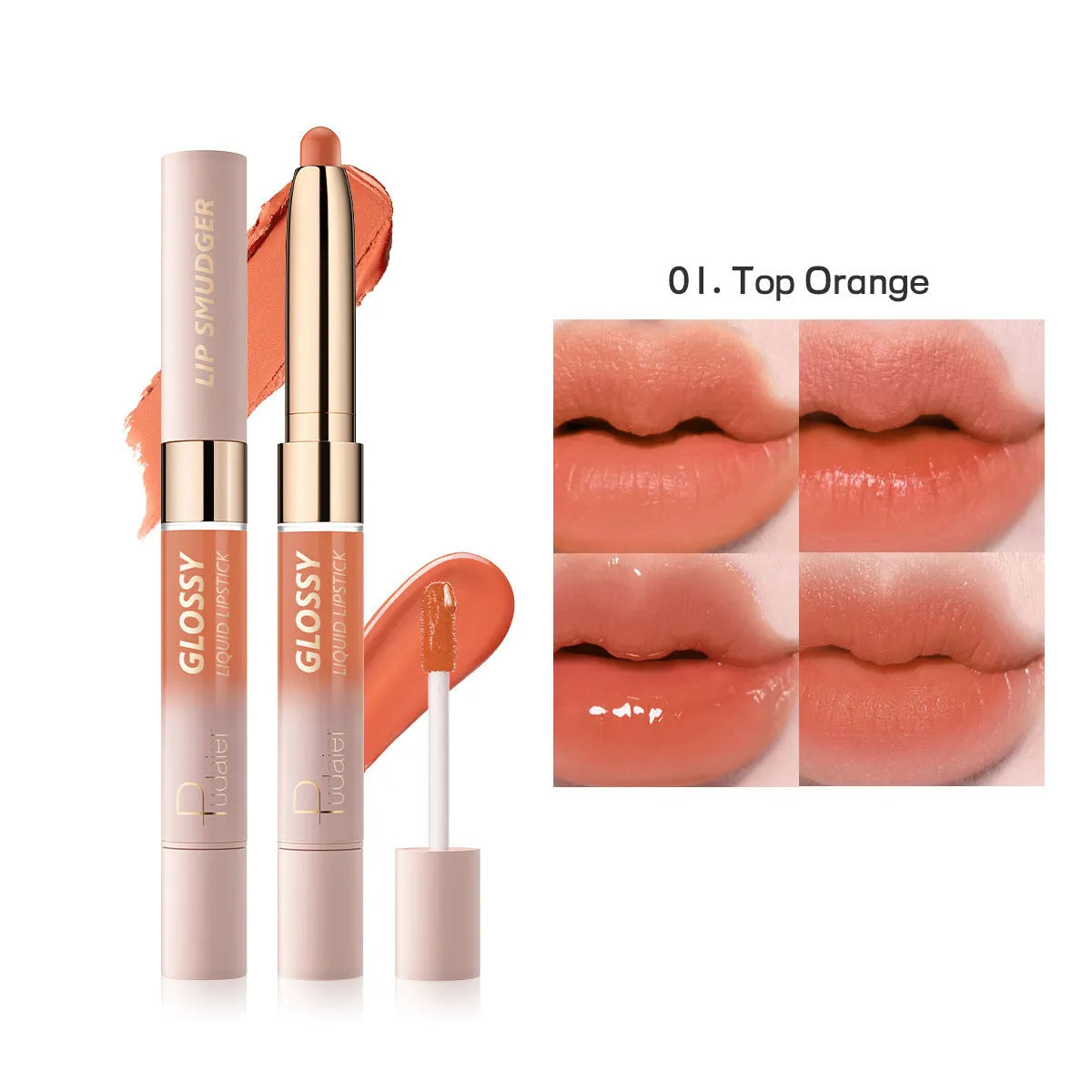 Double-headed lipstick lip gloss with matte finish showing 10 different colour options numbered 01 through 10