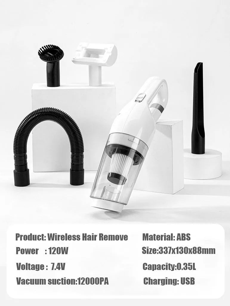 Wireless pet hair absorber in white with 28000Pa suction and USB charging