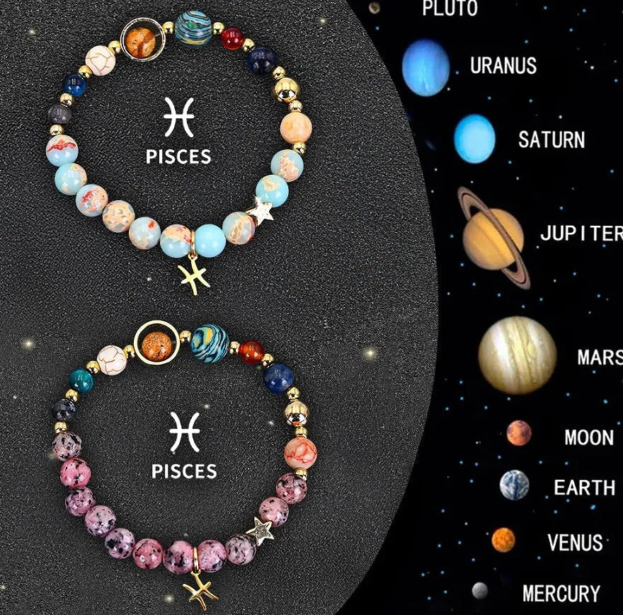 Two natural stone beaded bracelets showing zodiac symbols on an adjustable knotted string.
