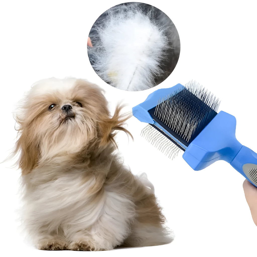 Double-sided pet grooming brush with stainless steel pins and blue ergonomic handle