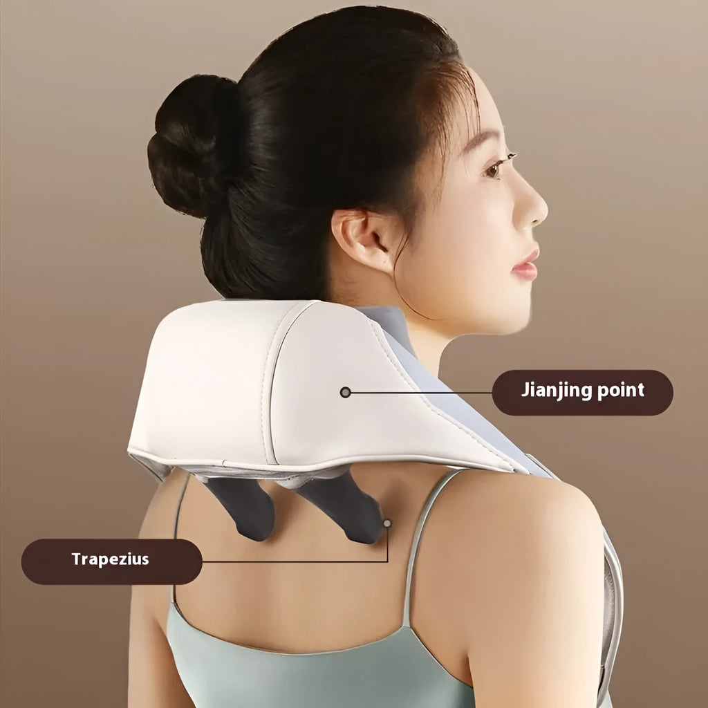 Blue rechargeable electric neck and shoulder massager in a folded position.