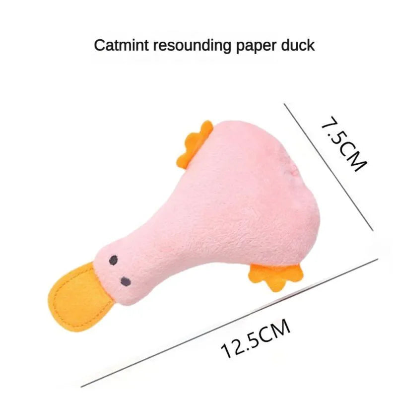 Yellow duck plush pet toy with catnip filling and squeaker for cats and small or large dogs