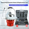 Pneumatic brake fluid bleeding machine with pressure gauge, regulator, and clear drain hose on a workshop bench