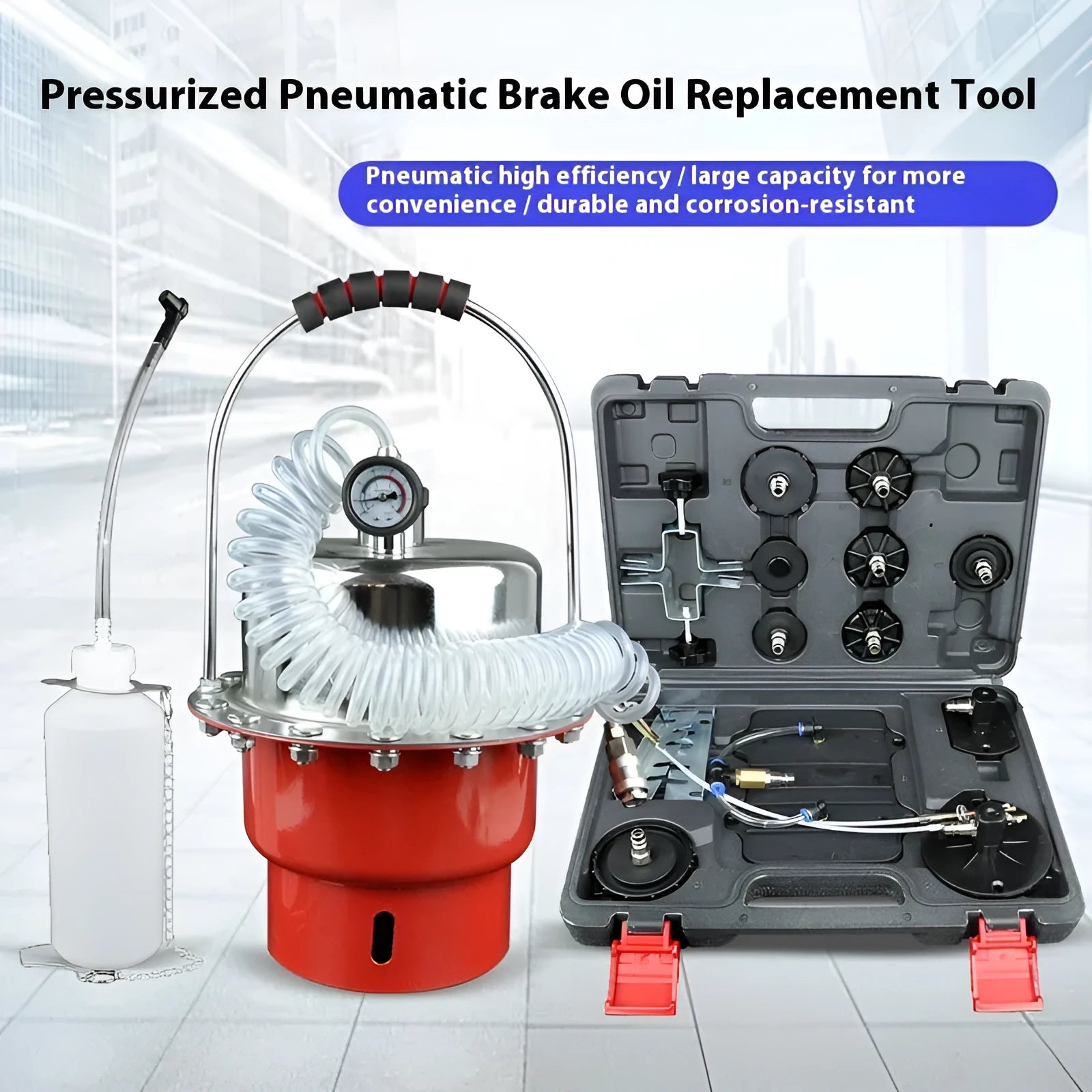Pneumatic brake fluid bleeding machine with pressure gauge, regulator, and clear drain hose on a workshop bench