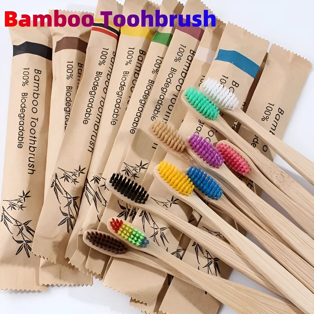Set of 10 colourful bamboo toothbrushes with charcoal-infused soft bristles and natural bamboo handles