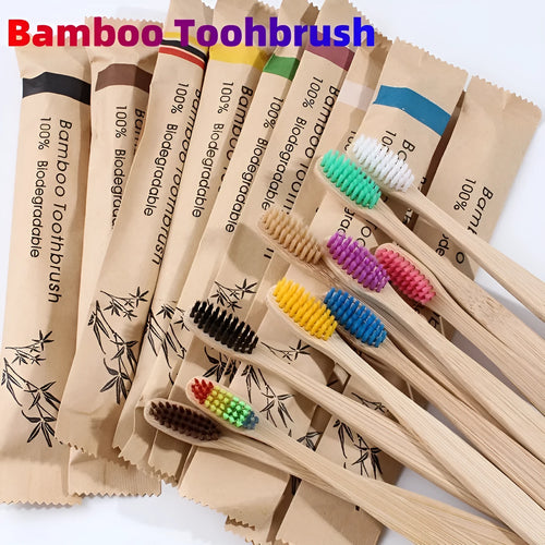Set of 10 colourful bamboo toothbrushes with charcoal-infused soft bristles and natural bamboo handles